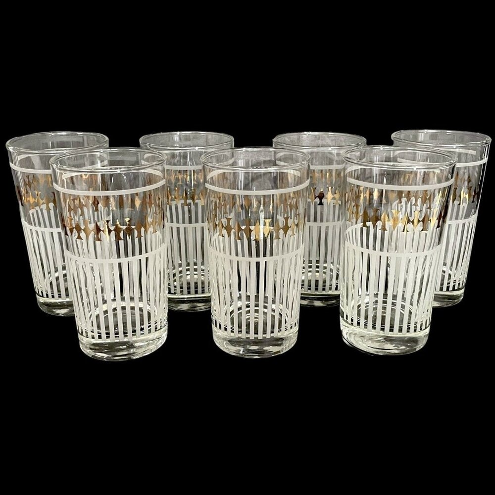 Vintage 1960s Dominion Glass Ace of Spades Drinking Glasses Set (7) Frosted Gold